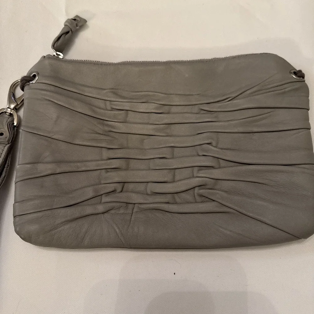 Byloom and Hyde Light Gray Pleated‎ Clutch Leather Bag With Wrist Strap